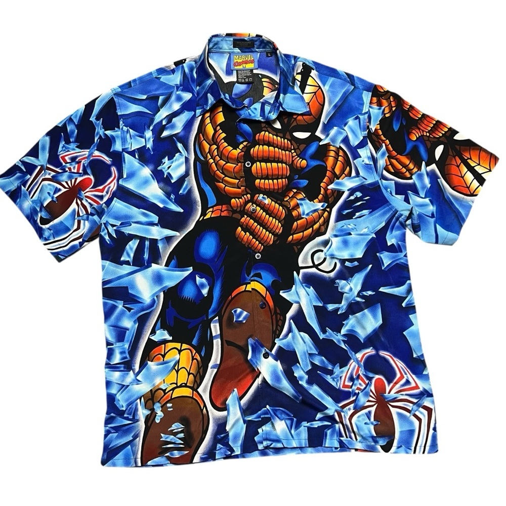 Vintage 2001 Marvel Spider Man Button Up All Over Print Shirt Men’s Large Y2K